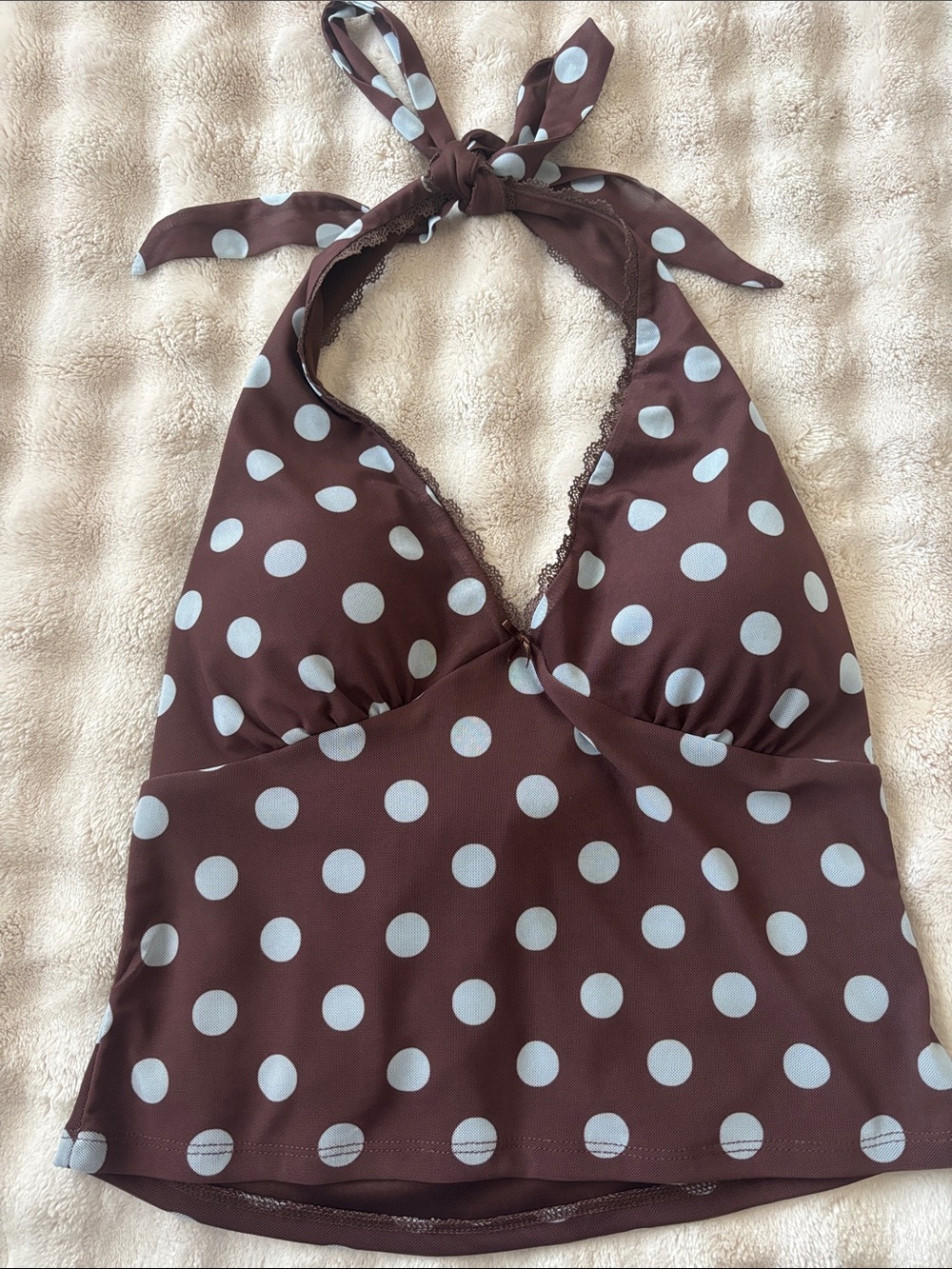 Pink Rose Brown Halter Tank Top with White Polka Dots